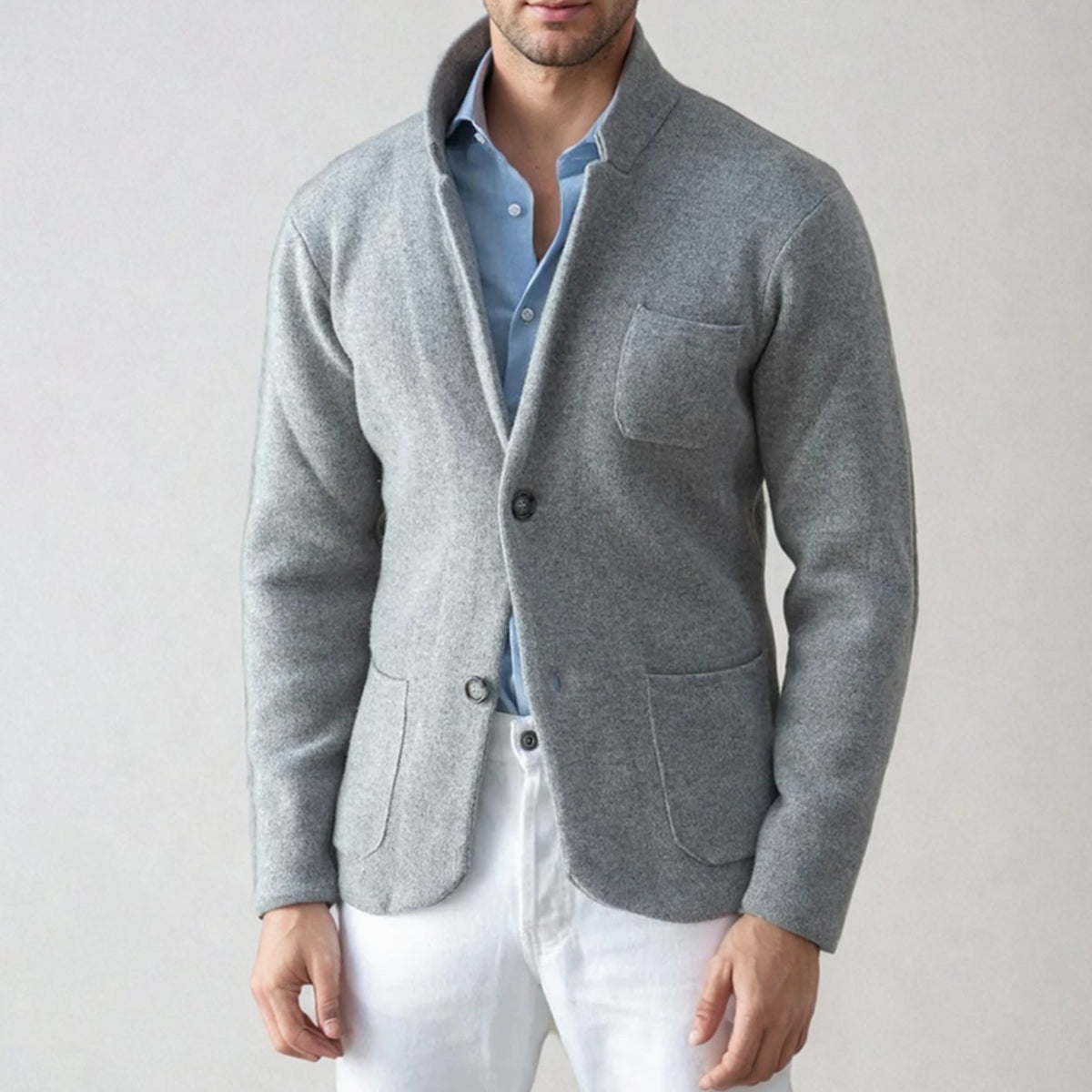 Men's Tailored Knit Blazer Cardigan with Lapel Collar - Gray