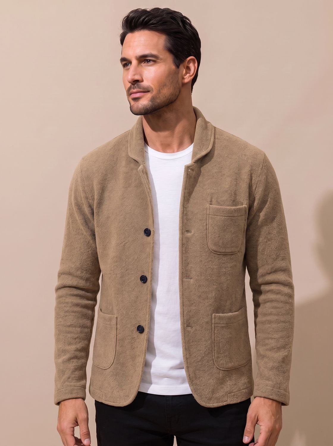 Men's Slim Knit Cardigan with Chest and Hip Pockets - Beige