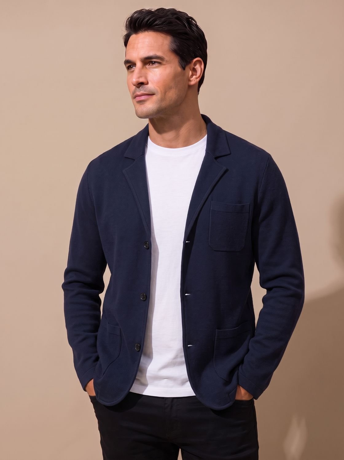 Men's Slim Knit Cardigan with Chest and Hip Pockets - Blue