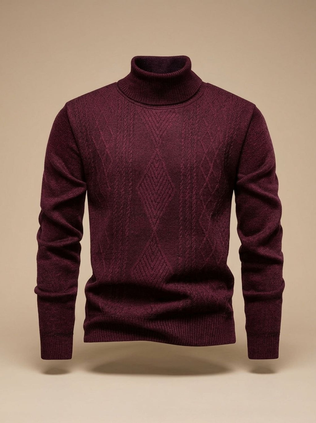 Men's Argyle Cable-Knit Turtleneck Sweater in a Slim Cut - Burgundy