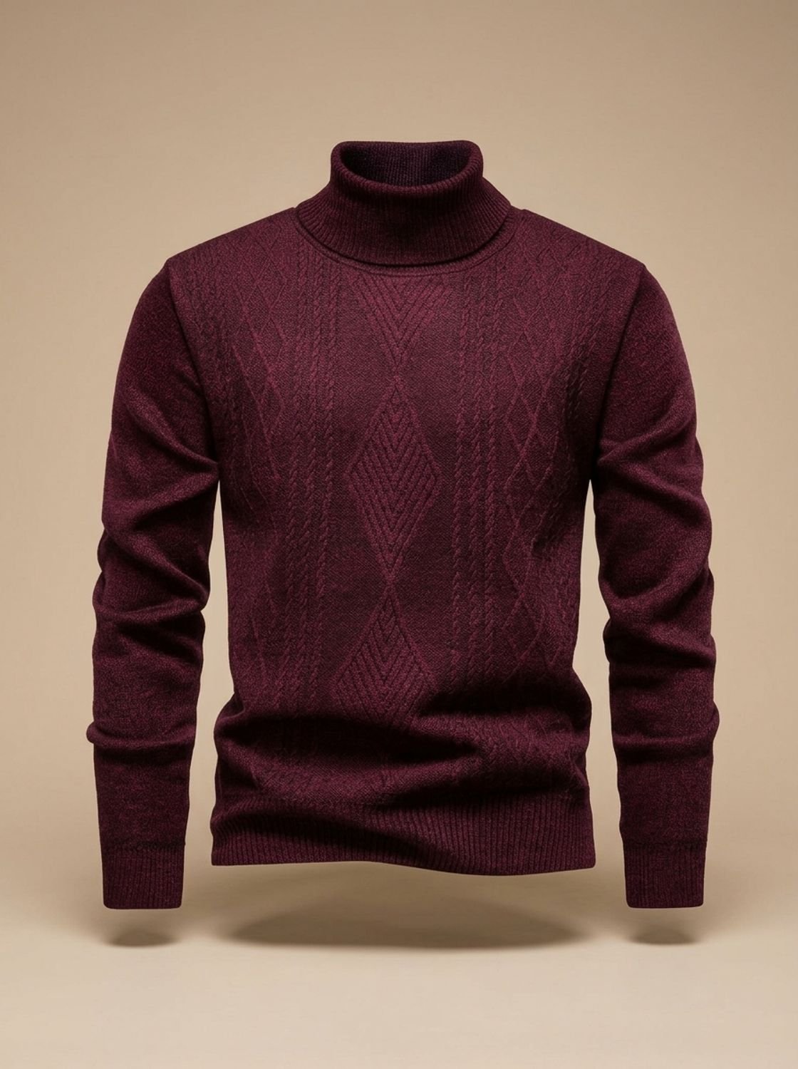 Men's Argyle Cable-Knit Turtleneck Sweater in a Slim Cut - Burgundy