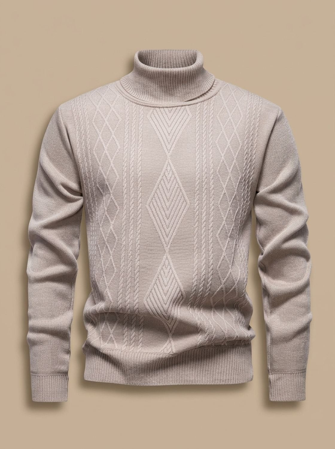 Men's Argyle Cable-Knit Turtleneck Sweater in a Slim Cut - Beige