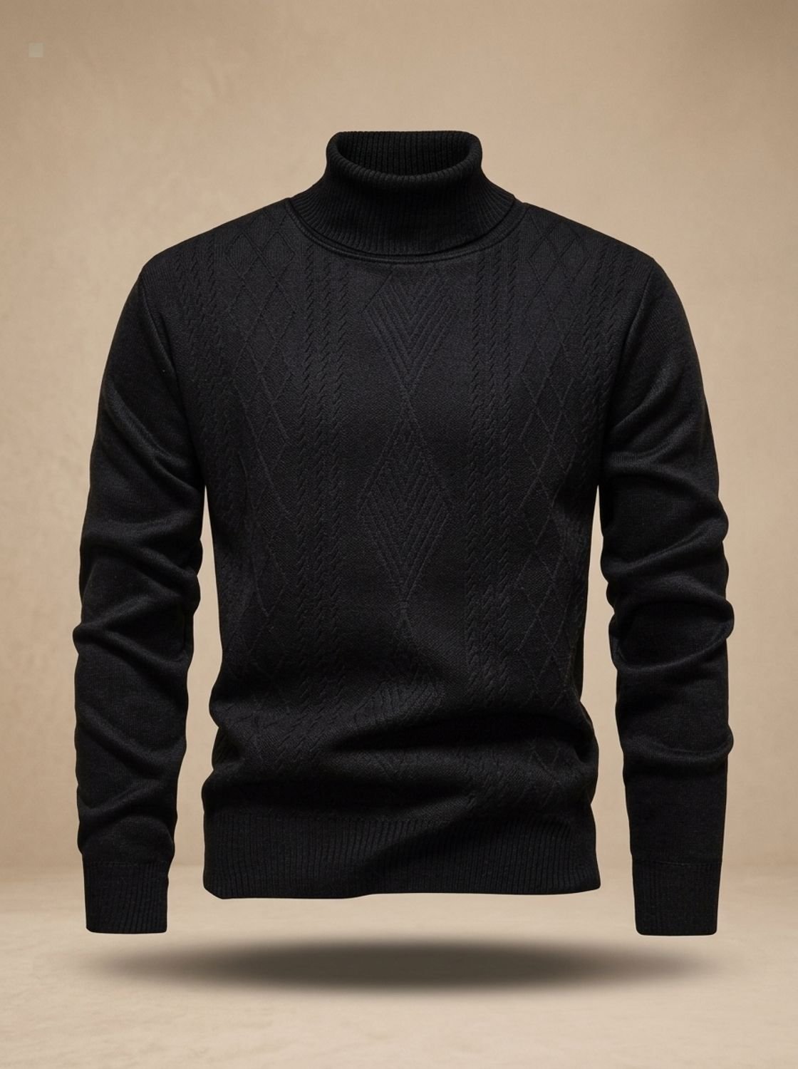 Men's Argyle Cable-Knit Turtleneck Sweater in a Slim Cut - Black