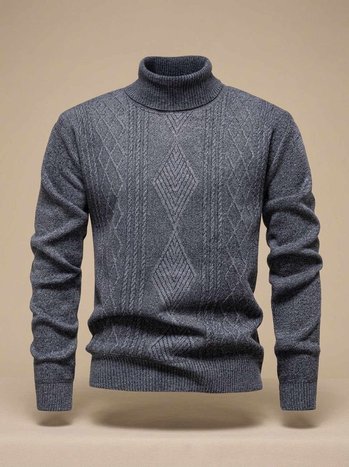 Men's Argyle Cable-Knit Turtleneck Sweater in a Slim Cut - Light Gray