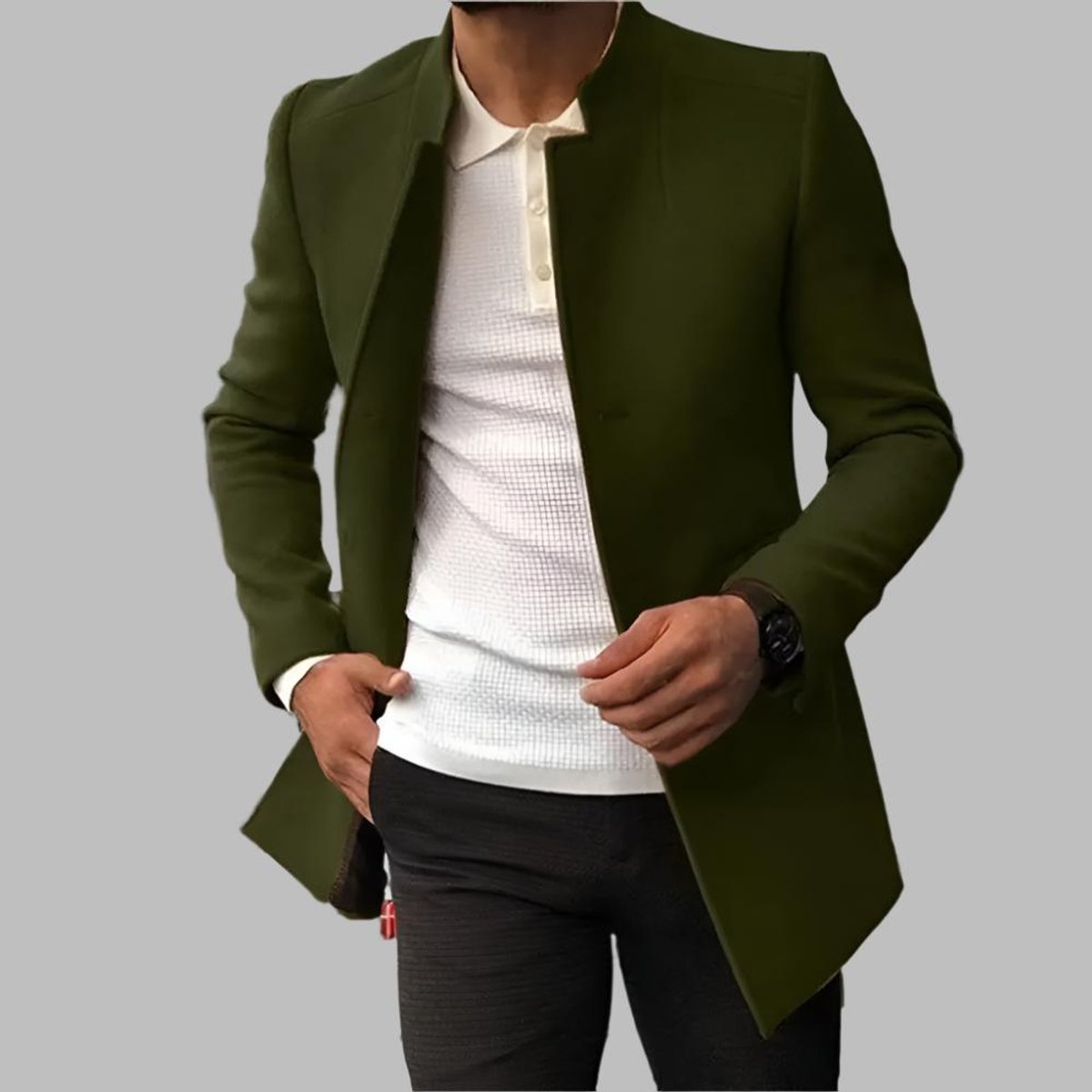 Men's Slim Fit Open-Front Wool Coat with Collarless Neckline – Green