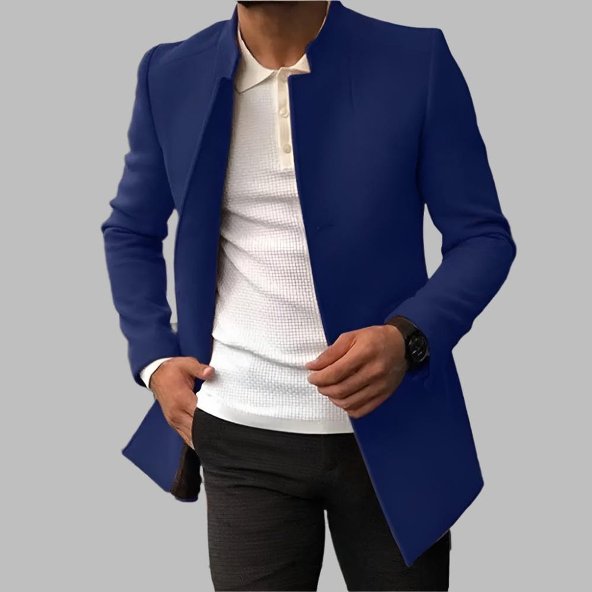 Men's Slim Fit Open-Front Wool Coat with Collarless Neckline – Blue