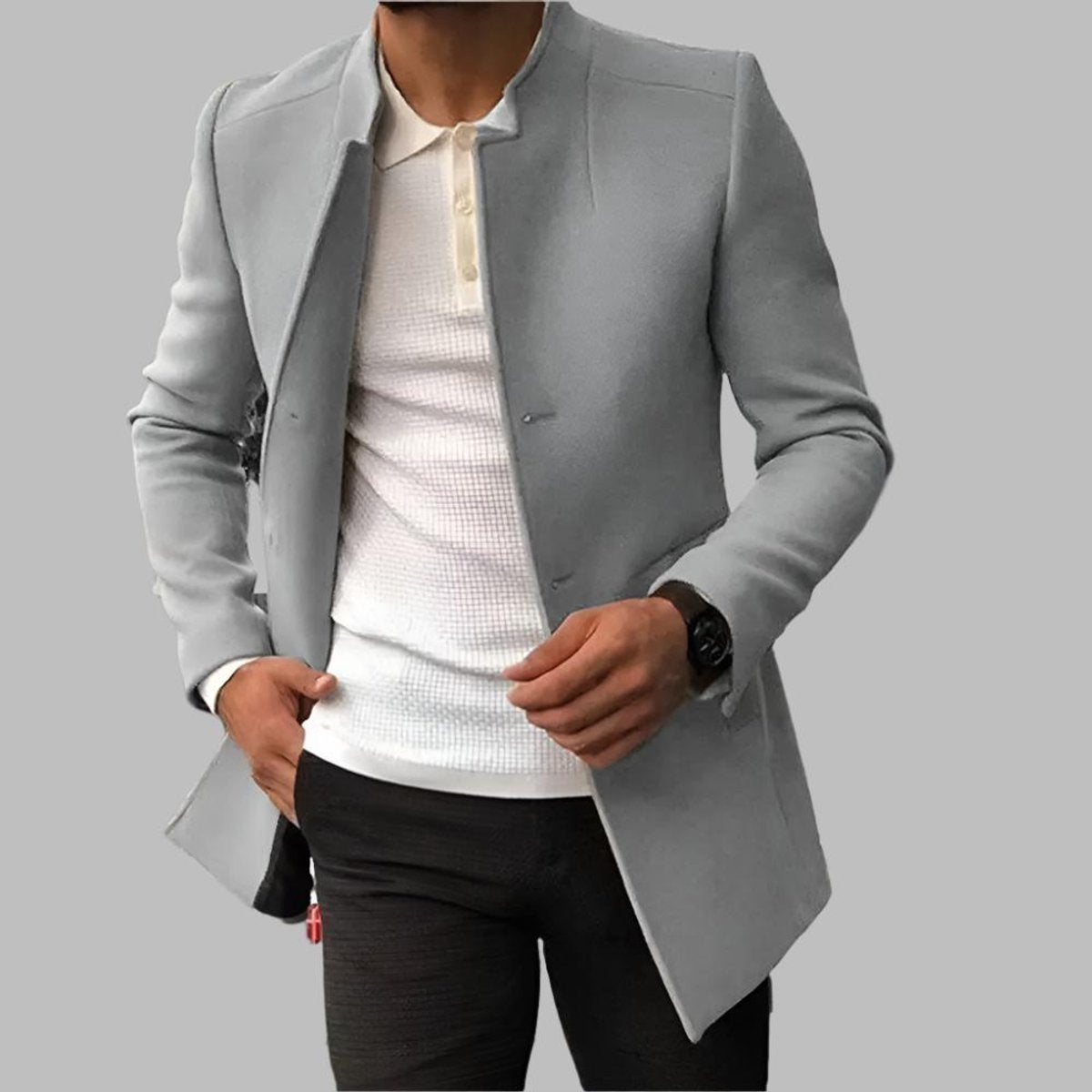 Men's Slim Fit Open-Front Wool Coat with Collarless Neckline – Gray
