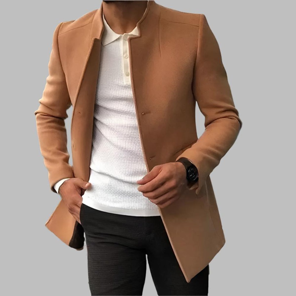 Men's Slim Fit Open-Front Wool Coat with Collarless Neckline – Camel