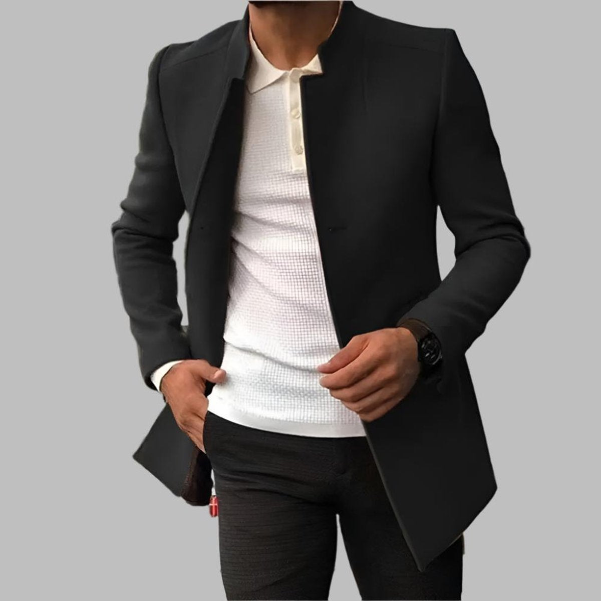 Men's Slim Fit Open-Front Wool Coat with Collarless Neckline – Black
