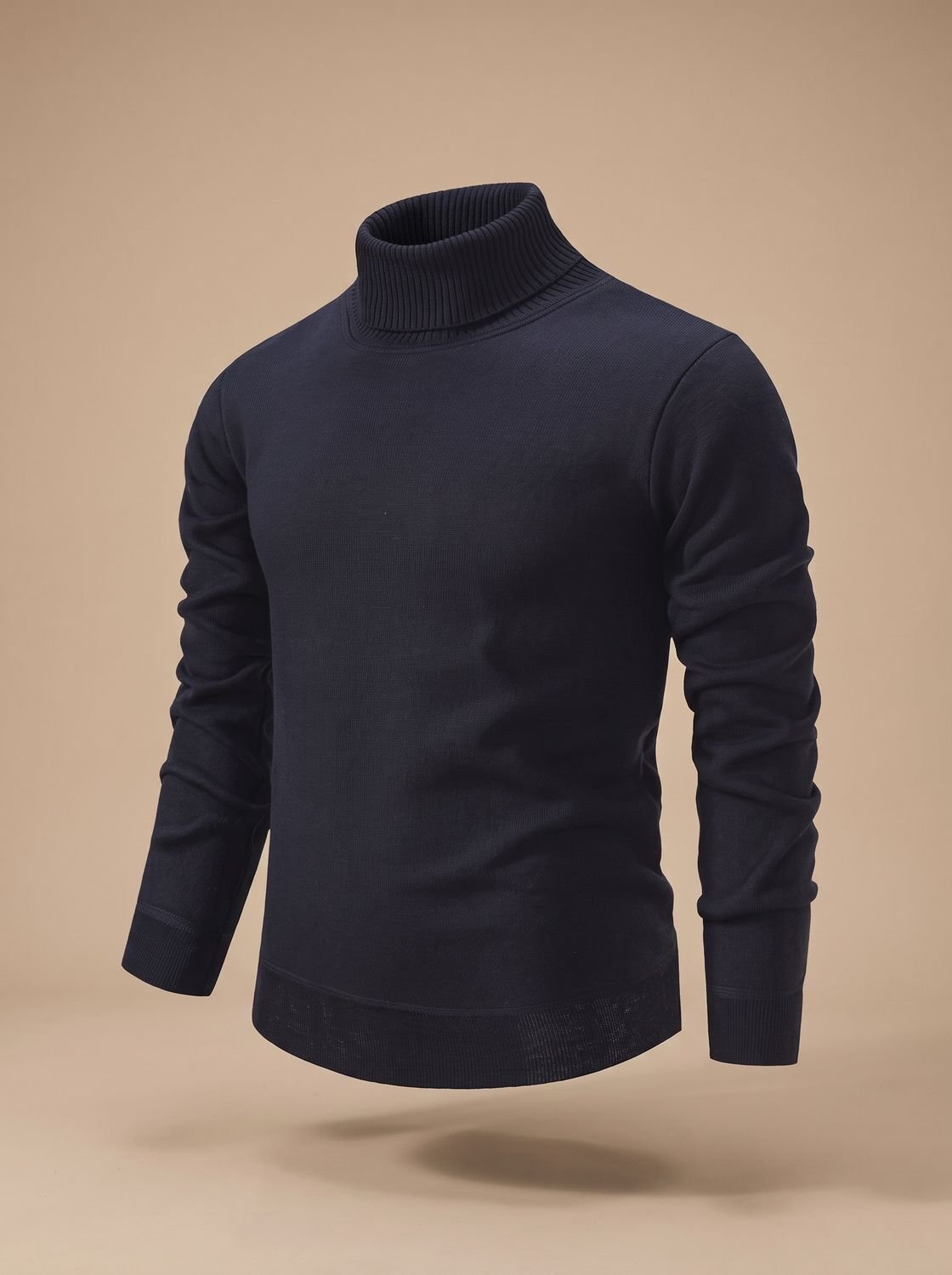 Men's Ribbed Collar Turtleneck Sweater for Layering - Navy Blue