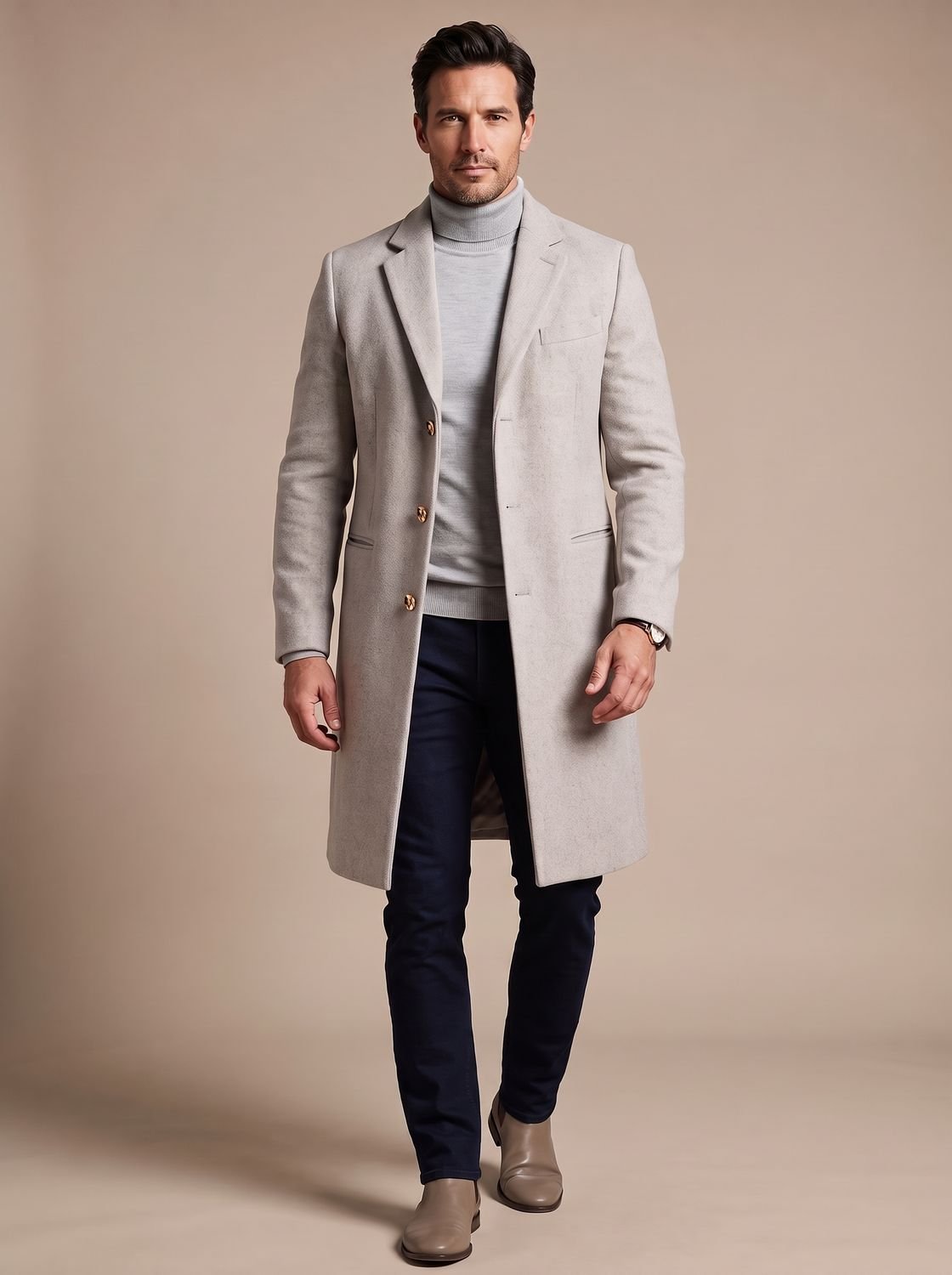 Men's Slim Knee-Length Overcoat with Notch Lapels