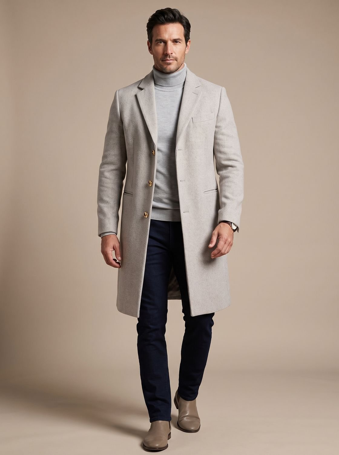 Men's Slim Knee-Length Overcoat with Notch Lapels - Gray