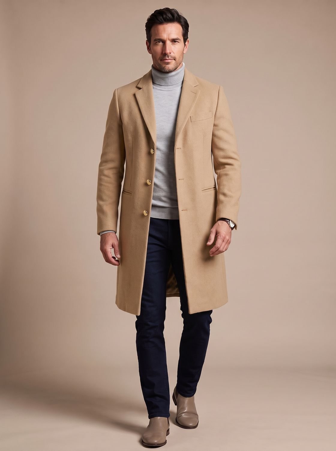 Men's Slim Knee-Length Overcoat with Notch Lapels - Camel