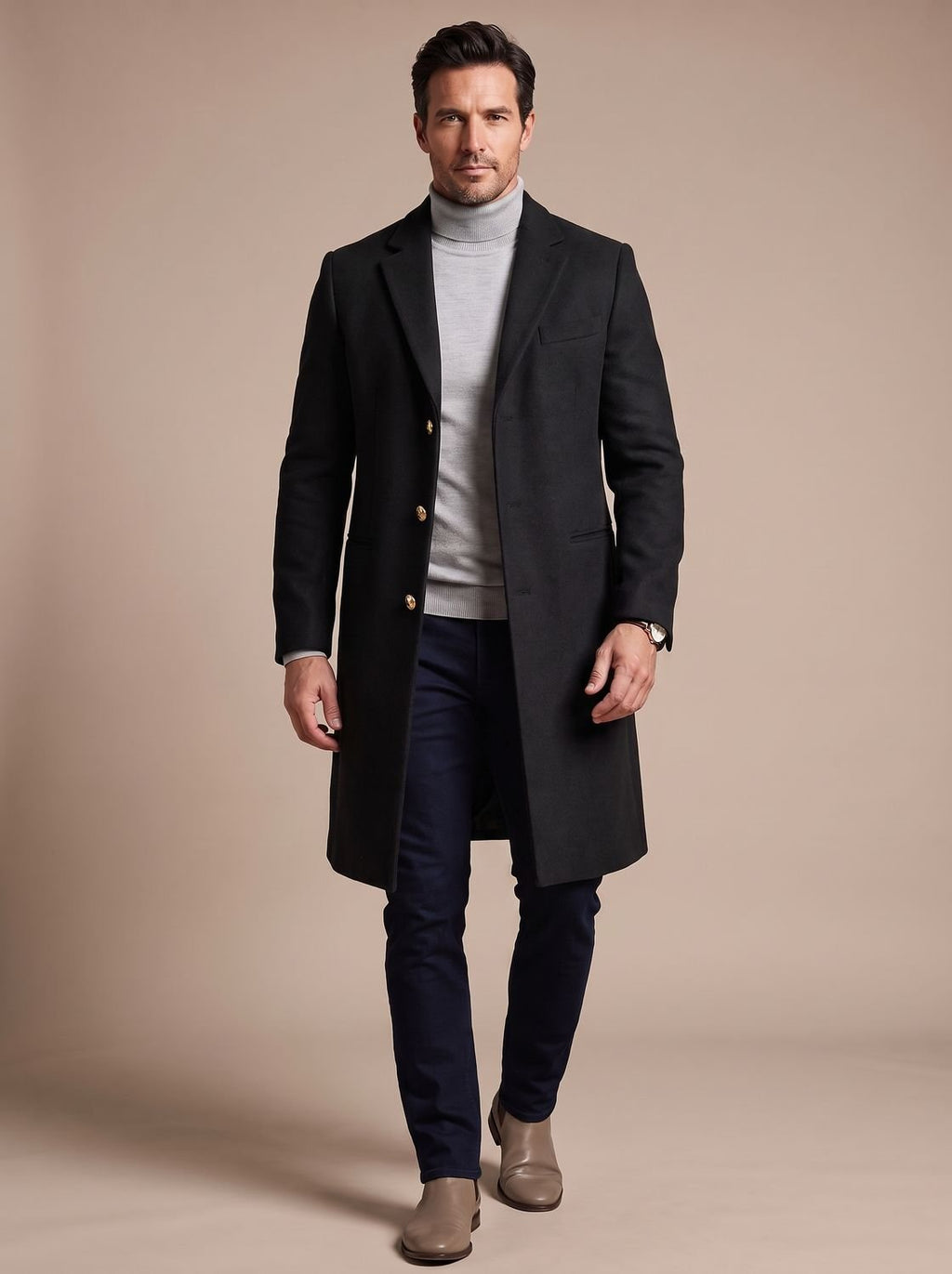 Men's Slim Knee-Length Overcoat with Notch Lapels - Black