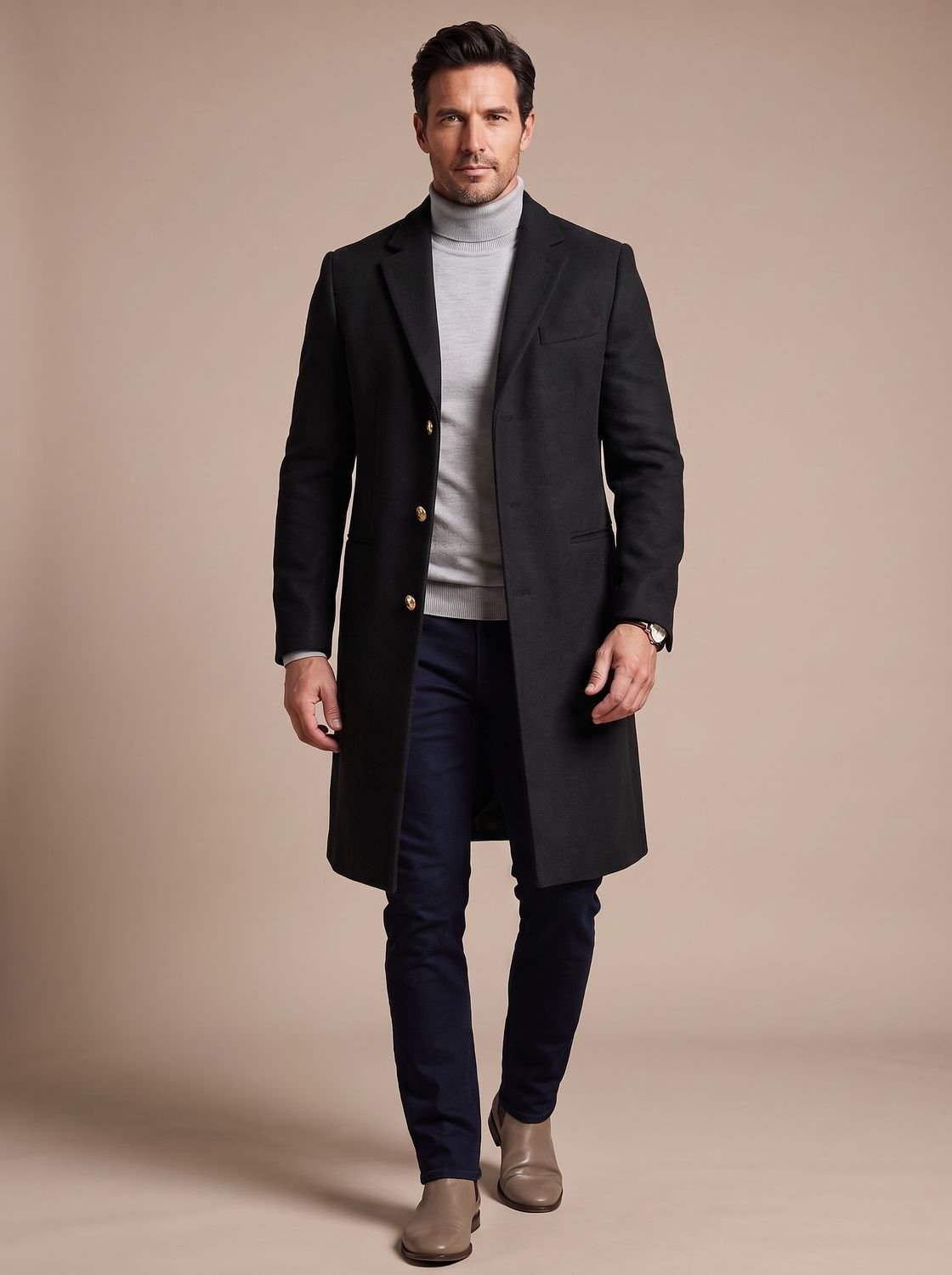 Men's Slim Knee-Length Overcoat with Notch Lapels - Black
