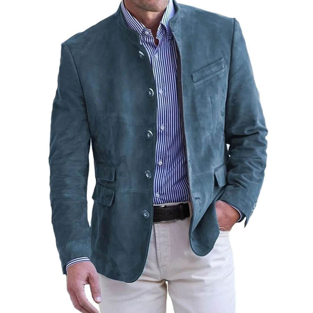 Men's Tailored Suede Sport Blazer With Band Collar - Blue