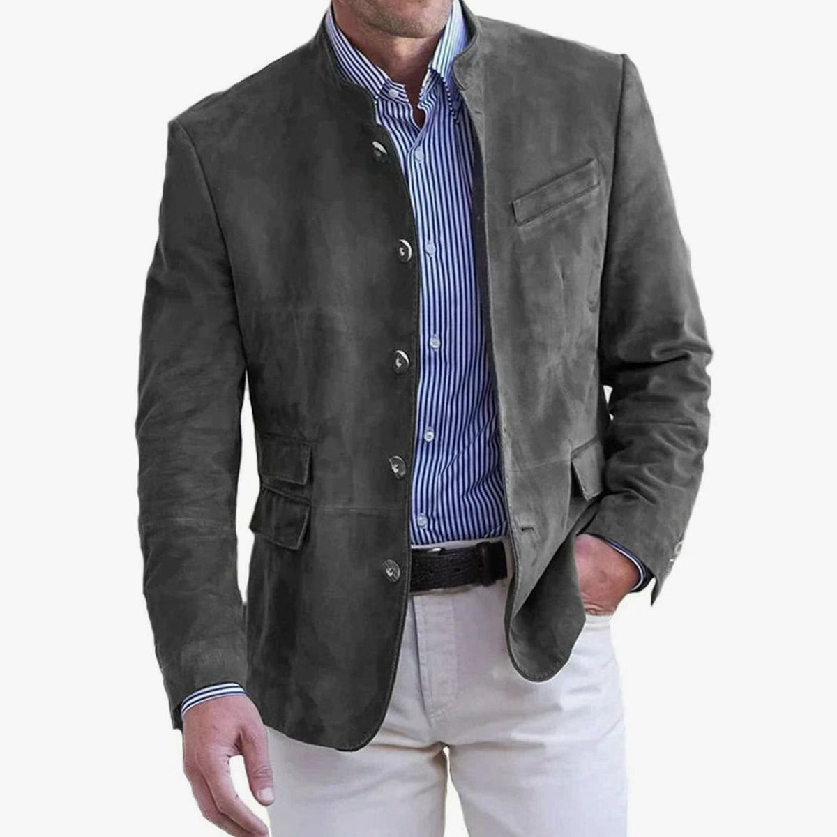 Men's Tailored Suede Sport Blazer With Band Collar - Gray