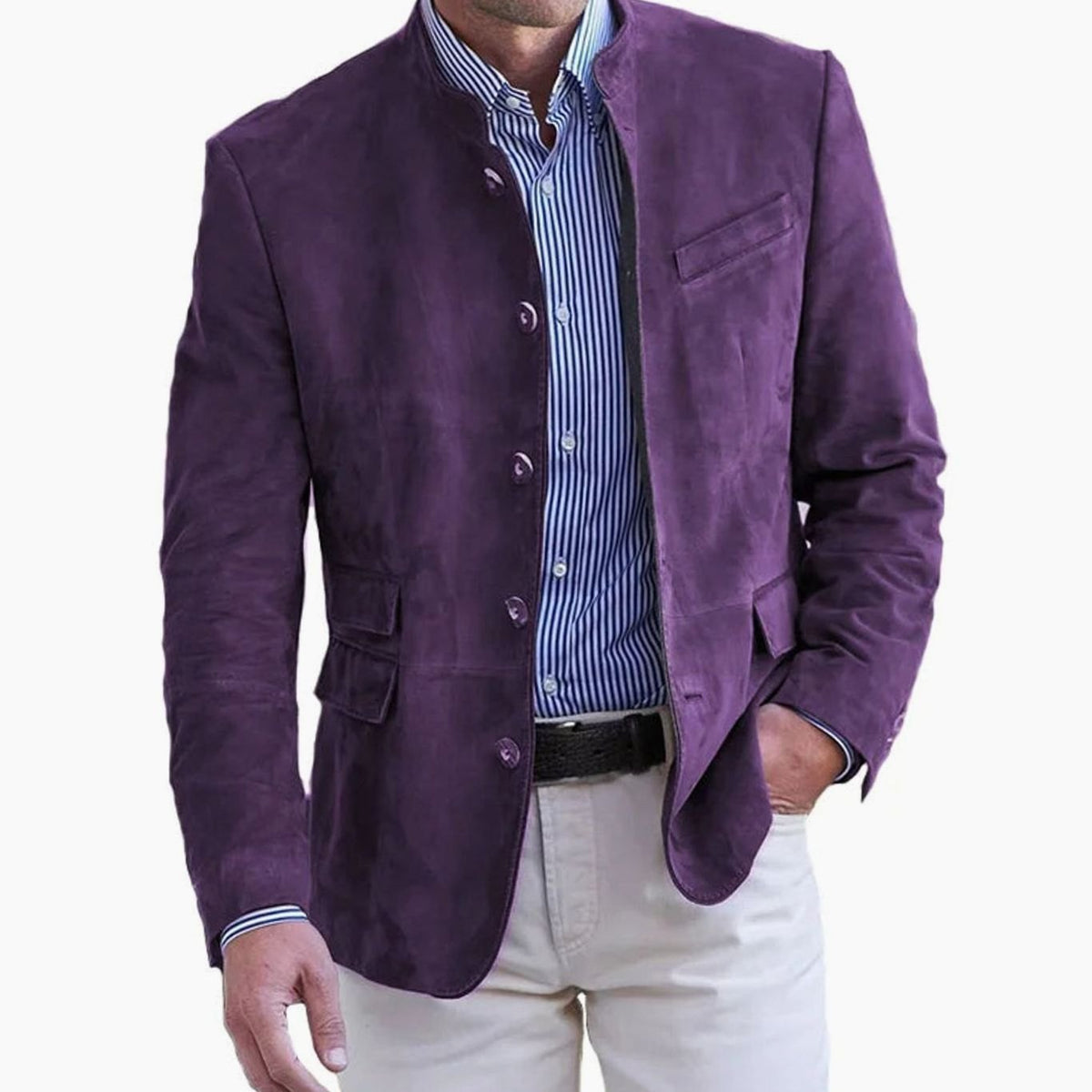 Men's Tailored Suede Sport Blazer With Band Collar - Purple