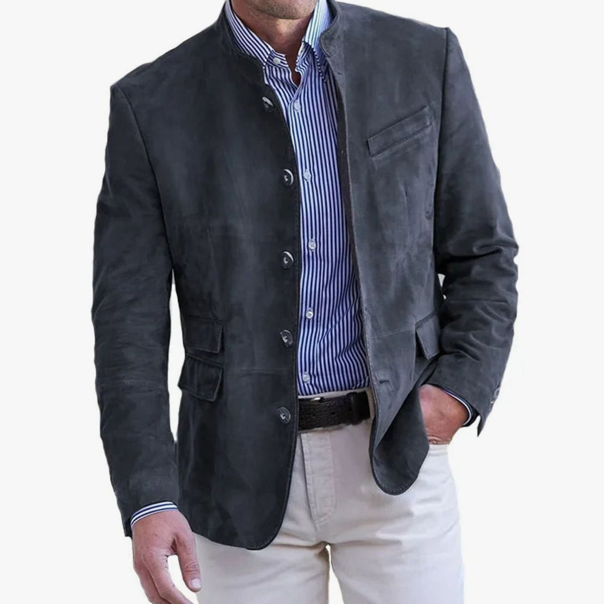 Men's Tailored Suede Sport Blazer With Band Collar - Black