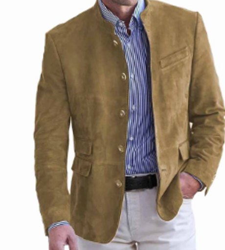 Men's Tailored Suede Sport Blazer With Band Collar - Khaki