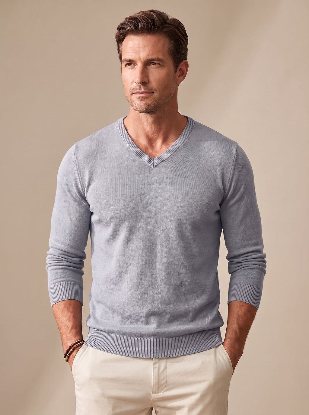 Men's Business Casual V-Neck Sweater with Stretch - Light Gray