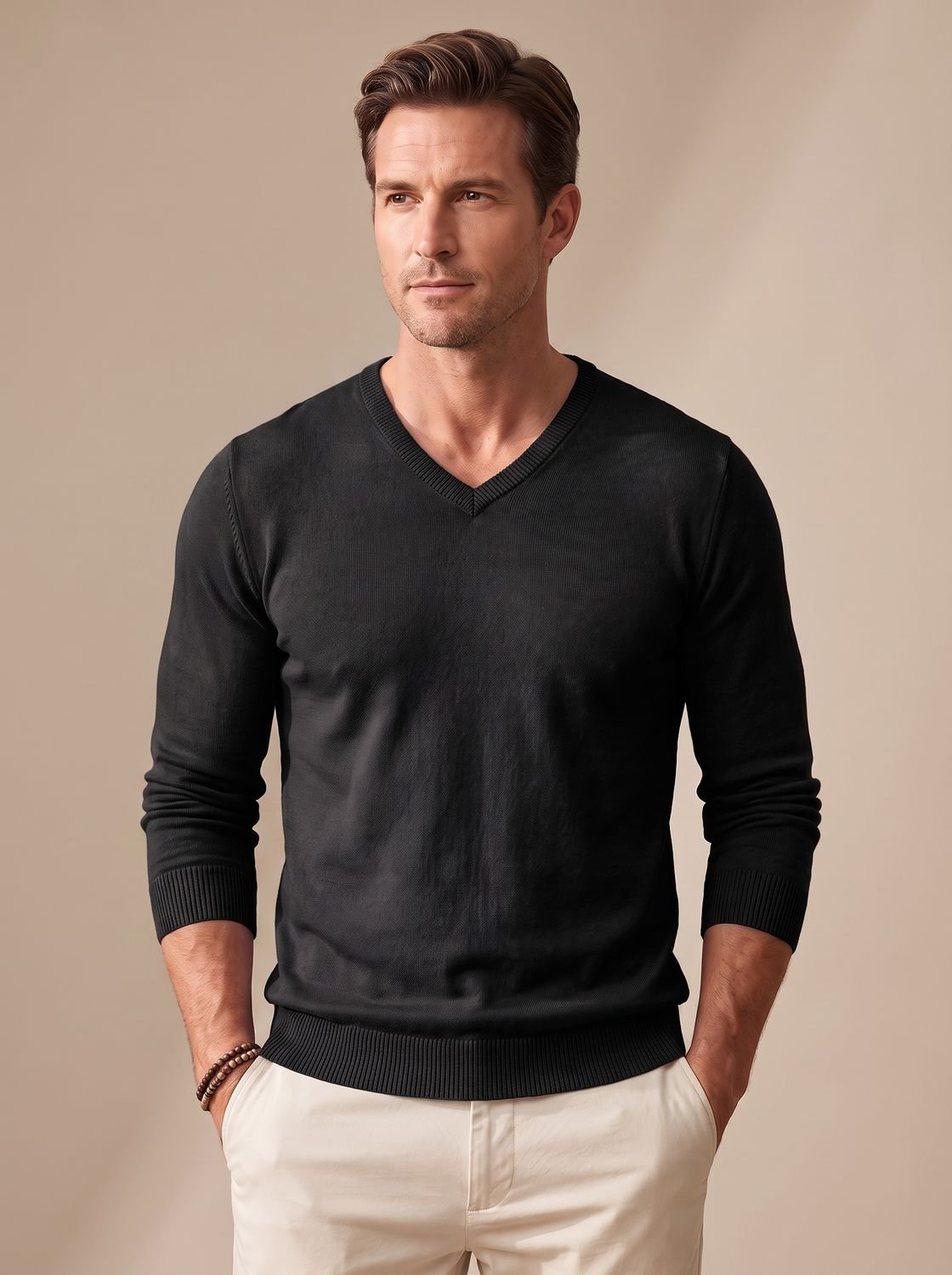 Men's Business Casual V-Neck Sweater with Stretch - Black