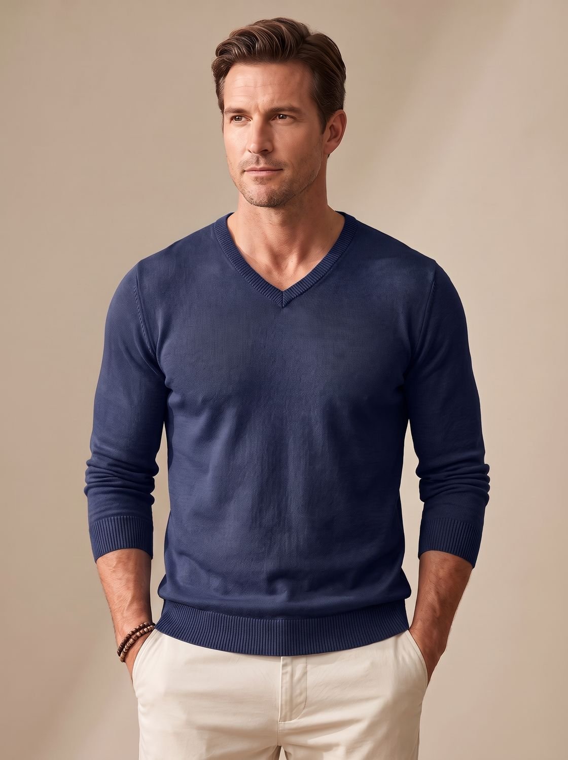 Men's Business Casual V-Neck Sweater with Stretch - Navy Blue