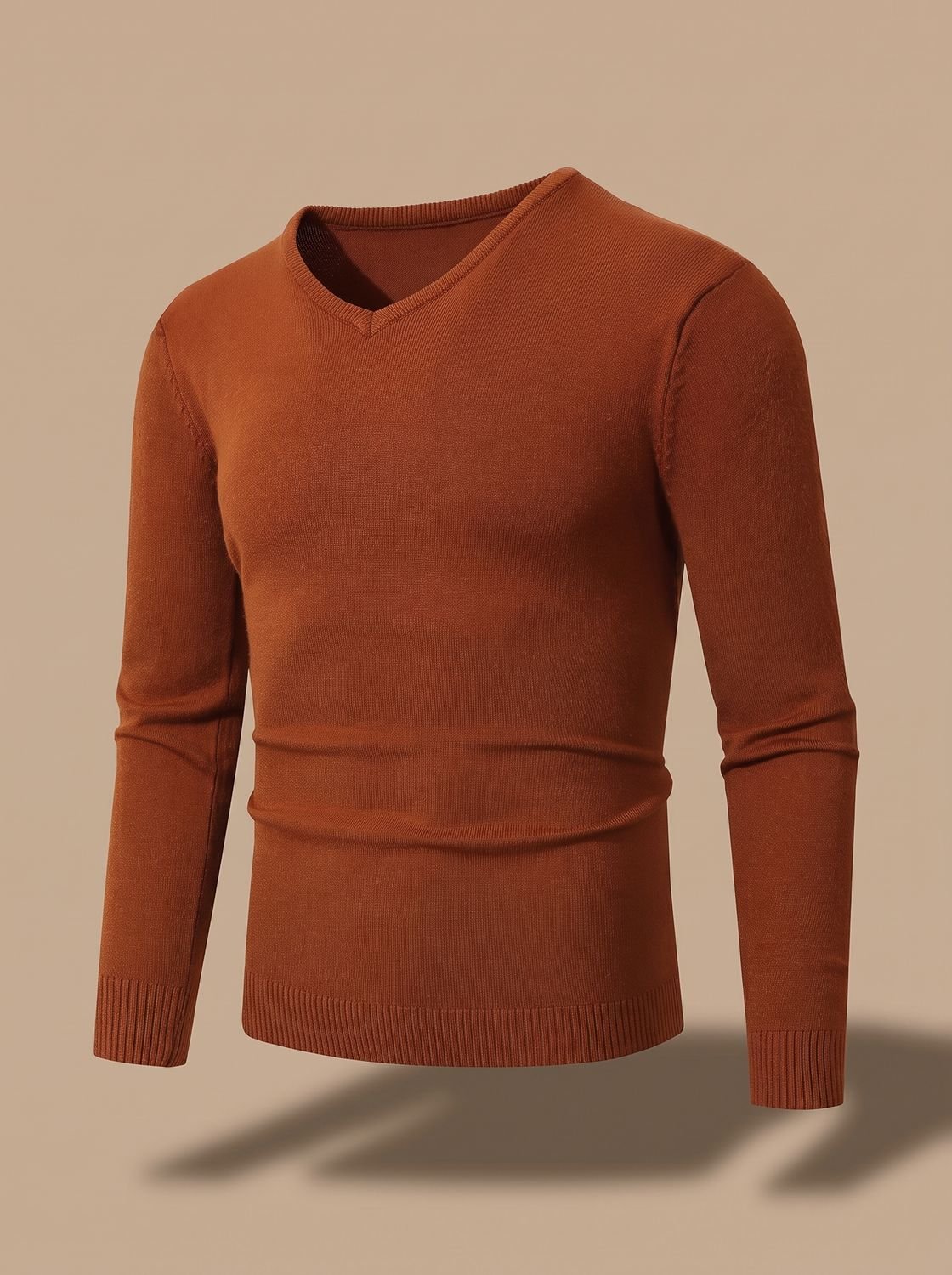 Men's Business Casual V-Neck Sweater with Stretch - Caramel