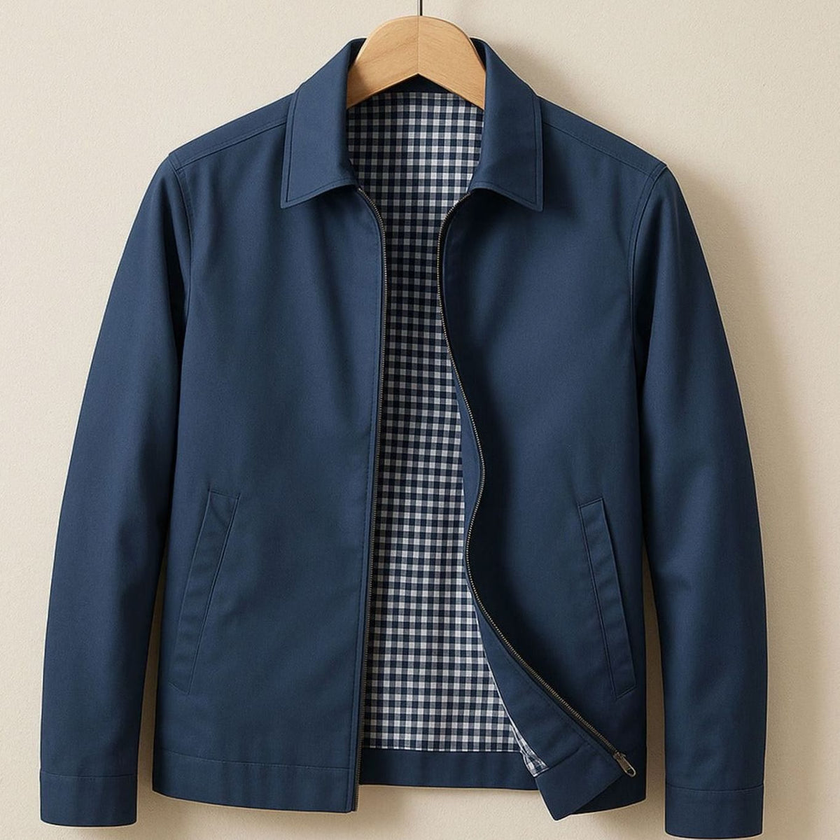 Men's Classic Harrington Zip Jacket with Contrast Check Lining - Blue