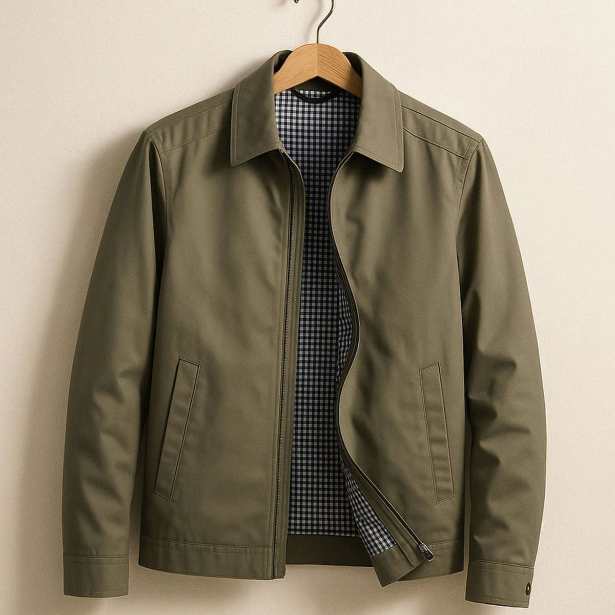 Men's Classic Harrington Zip Jacket with Contrast Check Lining - Khaki