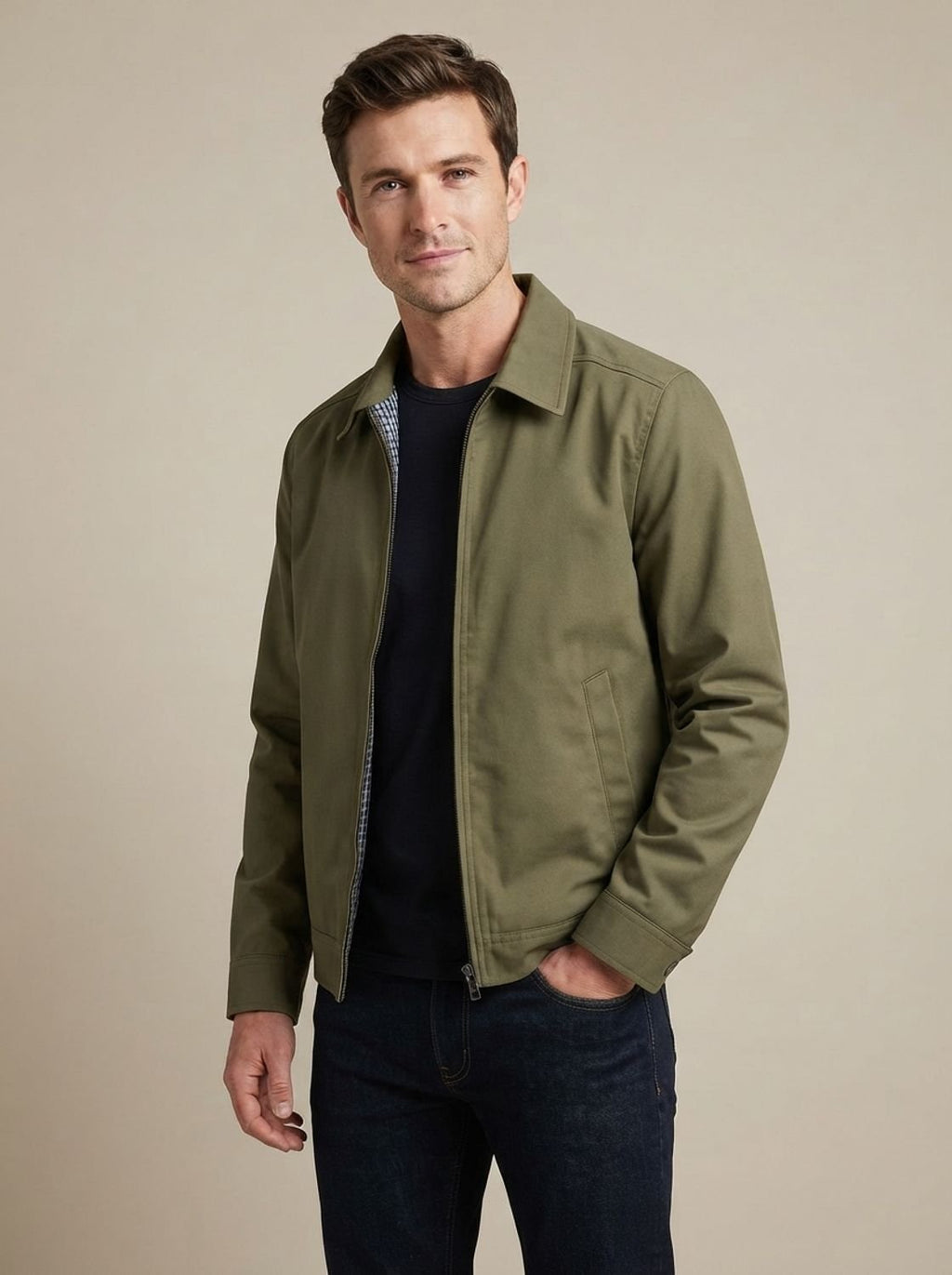 Men's Classic Harrington Zip Jacket with Contrast Check Lining