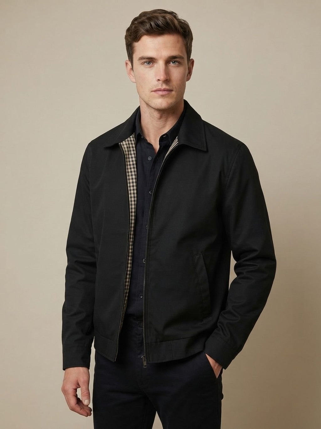 Men's Classic Harrington Zip Jacket with Contrast Check Lining