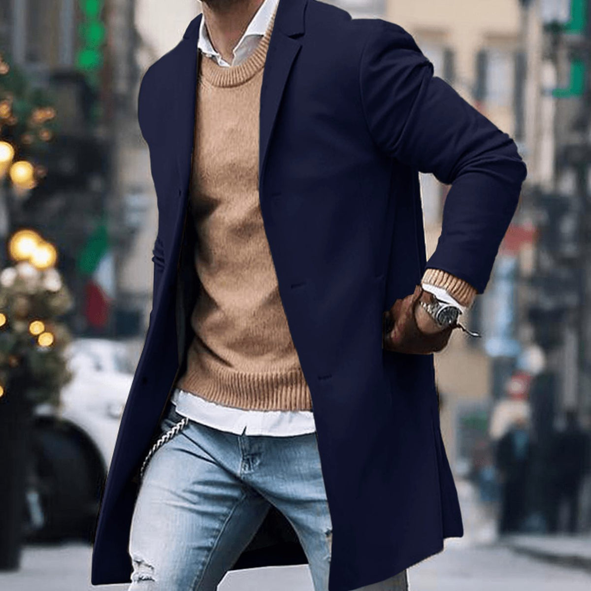 Men's Below-the-Knee Structured Street Topcoat - Navy Blue