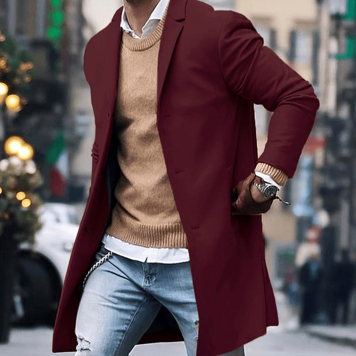 Men's Below-the-Knee Structured Street Topcoat - Red