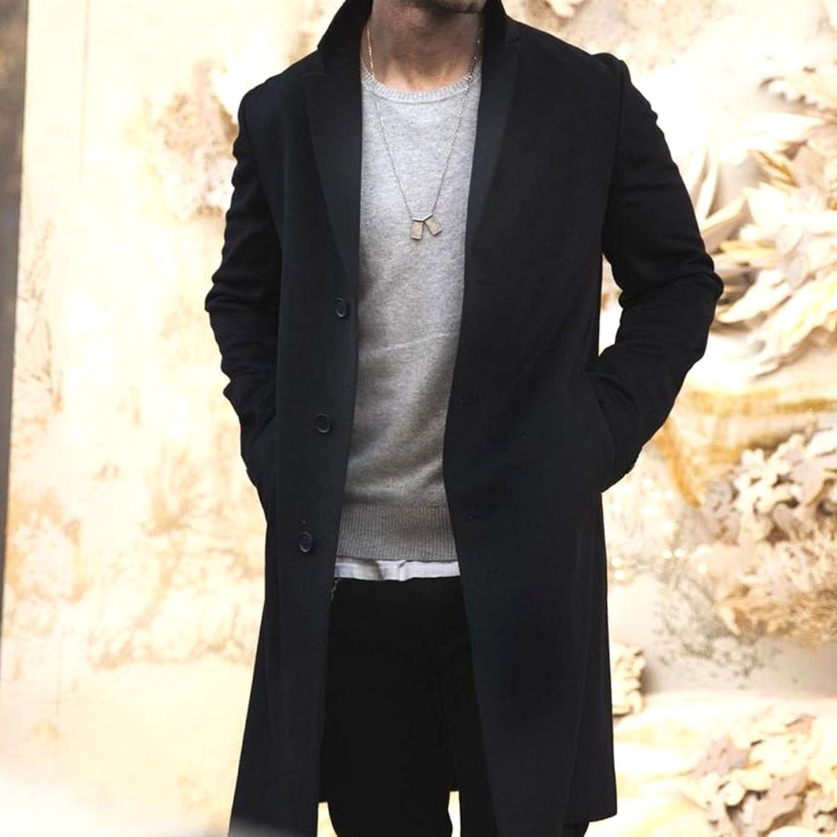 Men's Below-the-Knee Structured Street Topcoat - Black