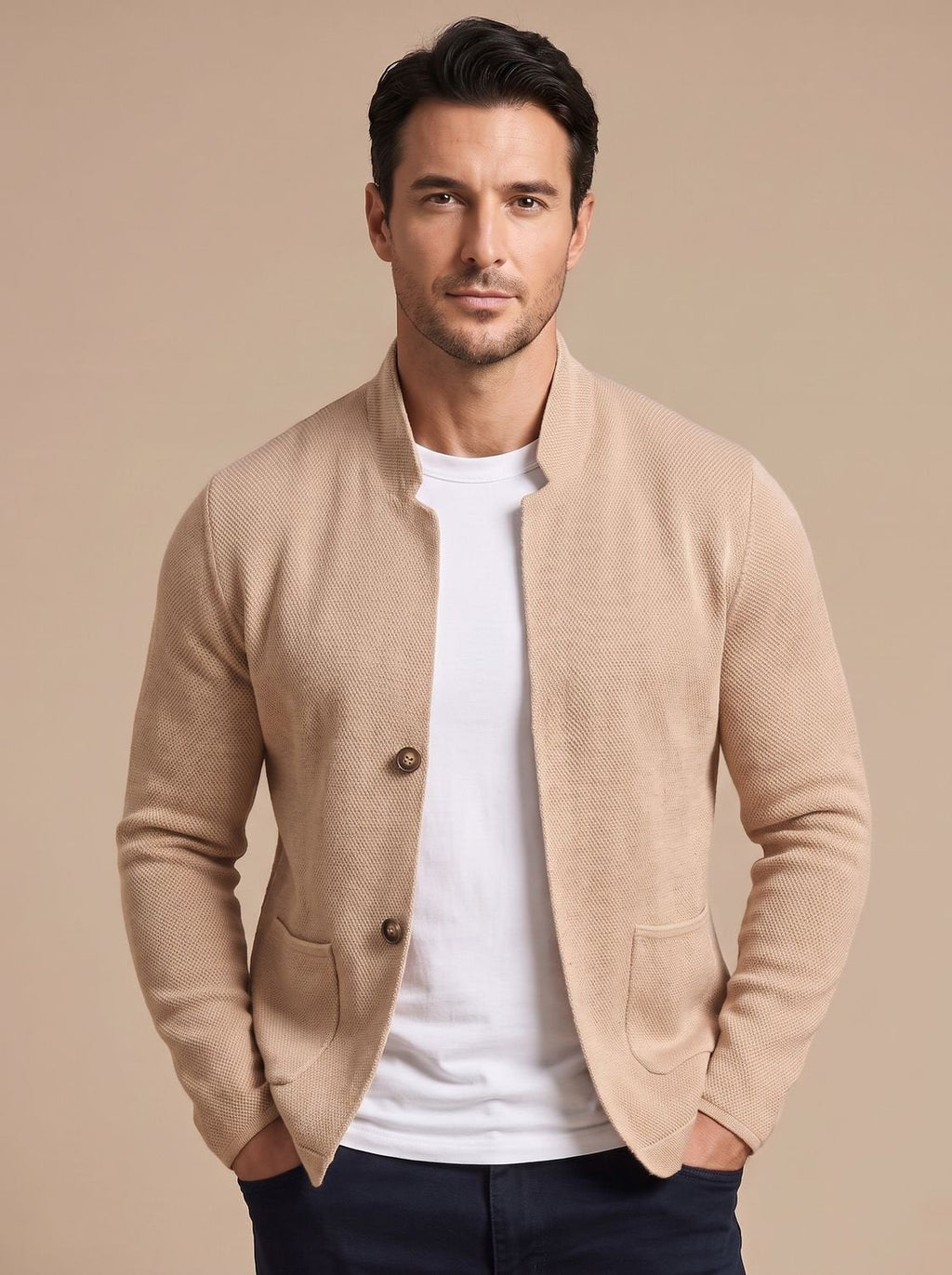 Men's Casual Textured Cardigan with Button Placket - Beige