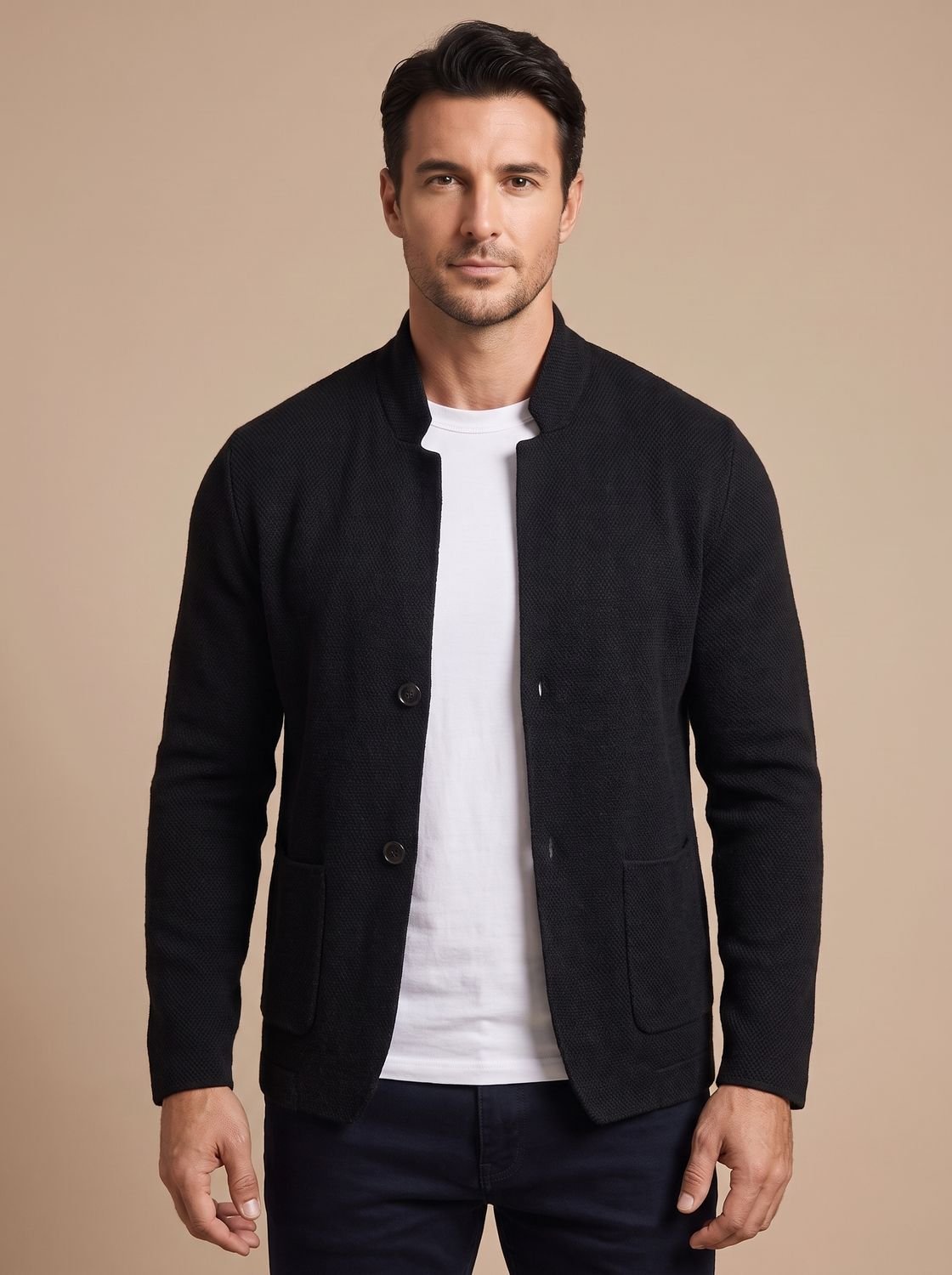 Men's Casual Textured Cardigan with Button Placket - Black
