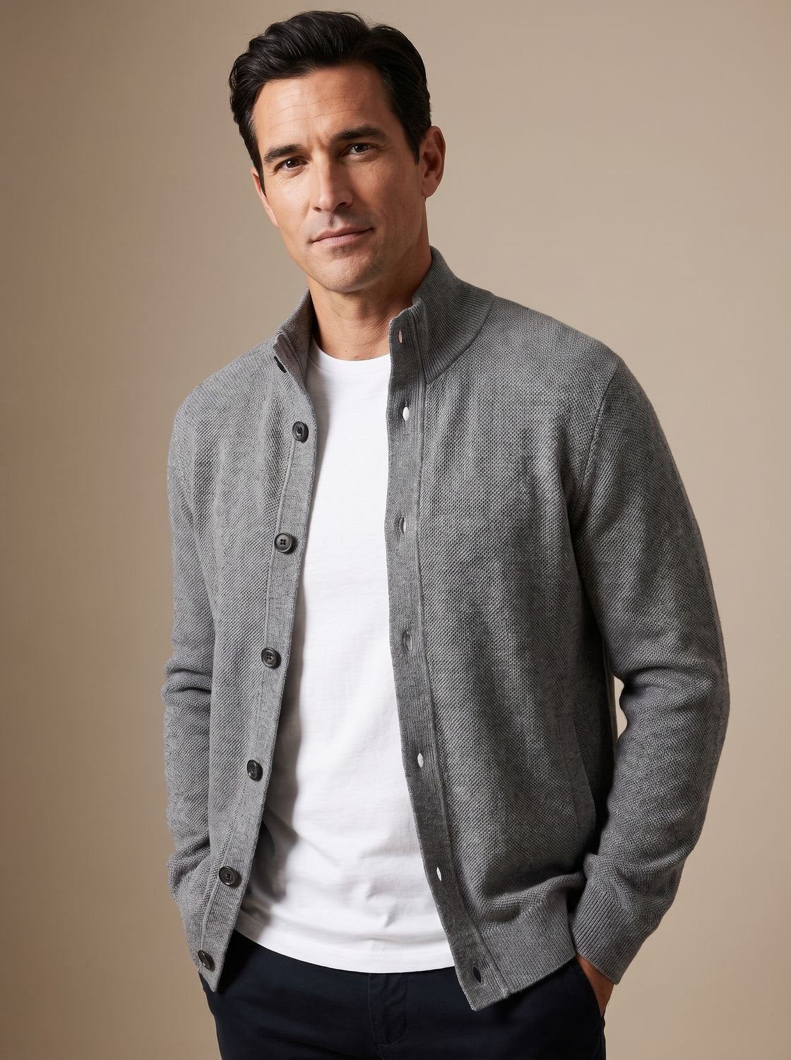 Men's Casual Textured Cardigan with Button Placket - Gray