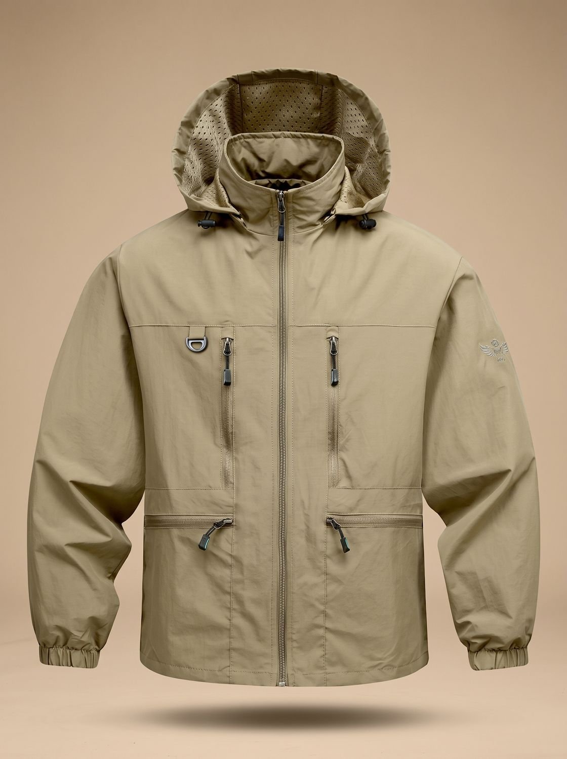 Men's Windproof Waterproof Hiking Jacket with Drawcord Hood - Khaki