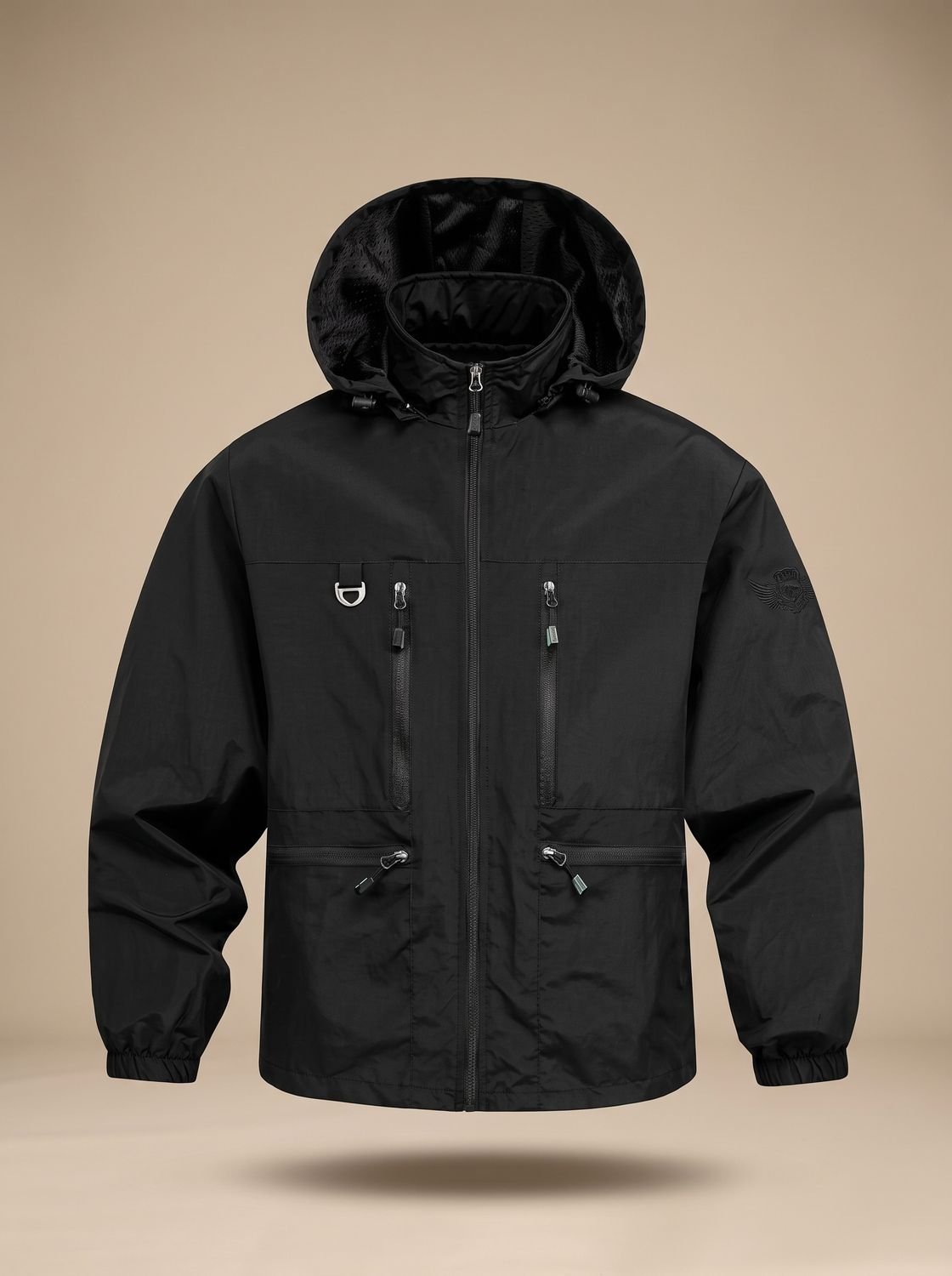 Men's Windproof Waterproof Hiking Jacket with Drawcord Hood - Black