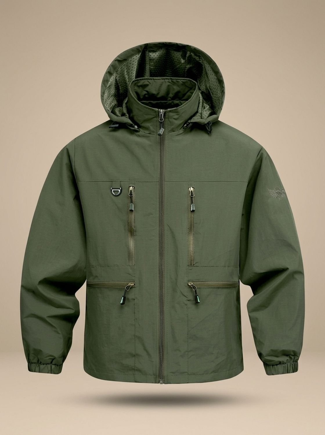 Men's Windproof Waterproof Hiking Jacket with Drawcord Hood - Military Green
