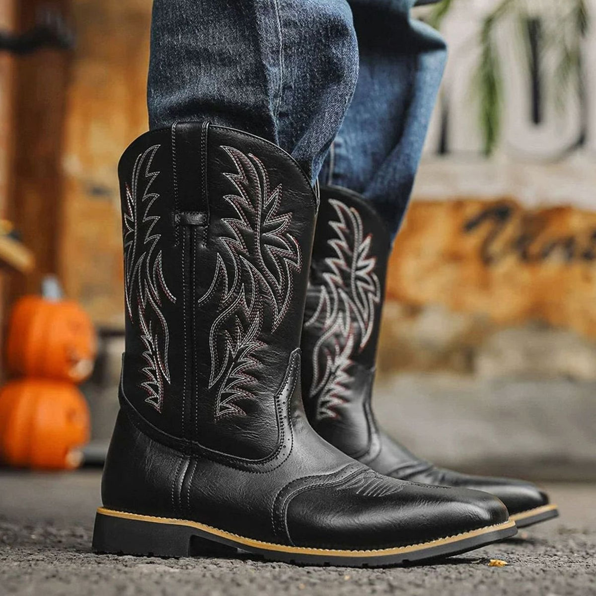 Men's Full-Length Stitch Detail Leather Cowboy Boots