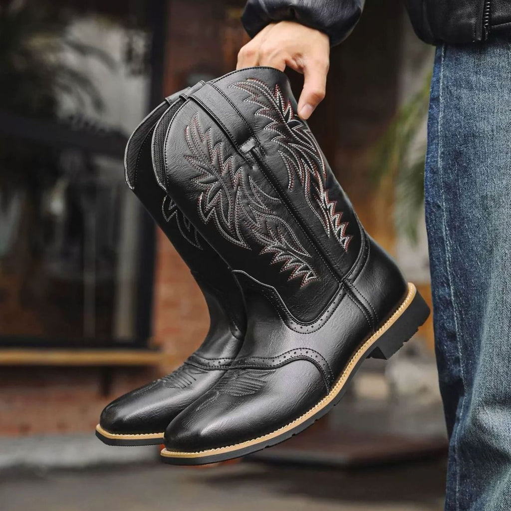 Men's Full-Length Stitch Detail Leather Cowboy Boots - Black