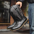 Men's Full-Length Stitch Detail Leather Cowboy Boots - Black