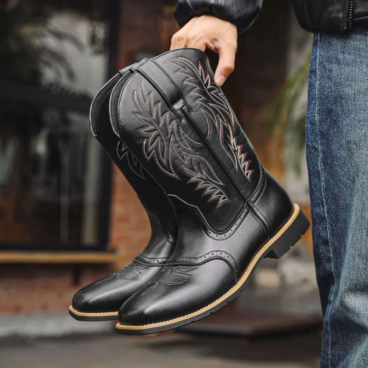 Men's Full-Length Stitch Detail Leather Cowboy Boots - Black