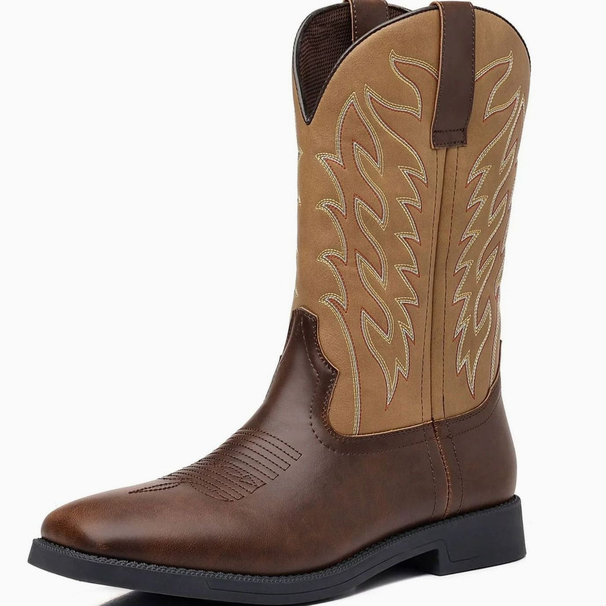 Men's Full-Length Stitch Detail Leather Cowboy Boots - Khaki Brown