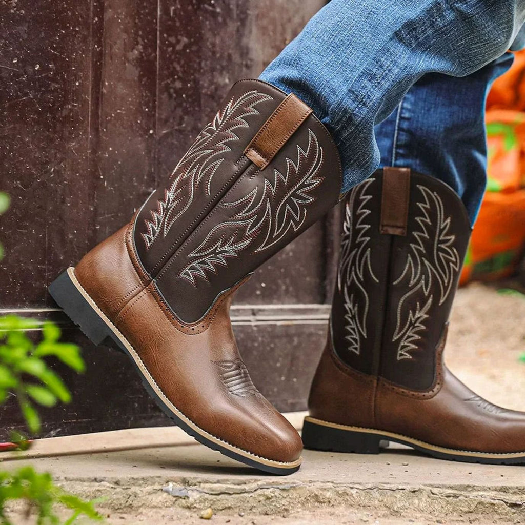 Men's Full-Length Stitch Detail Leather Cowboy Boots