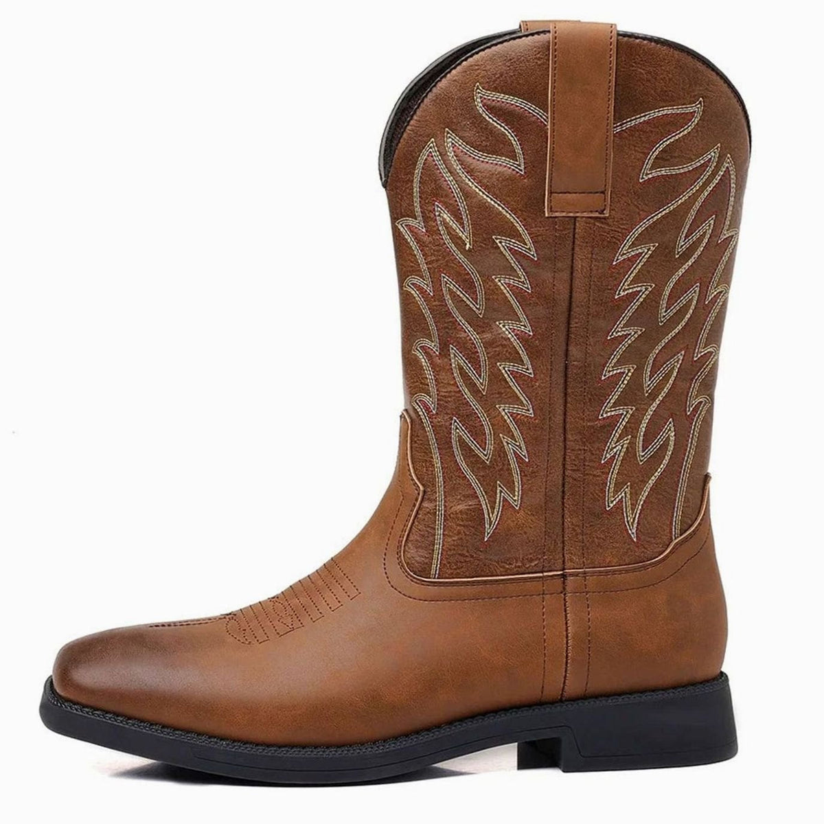 Men's Full-Length Stitch Detail Leather Cowboy Boots - Brown