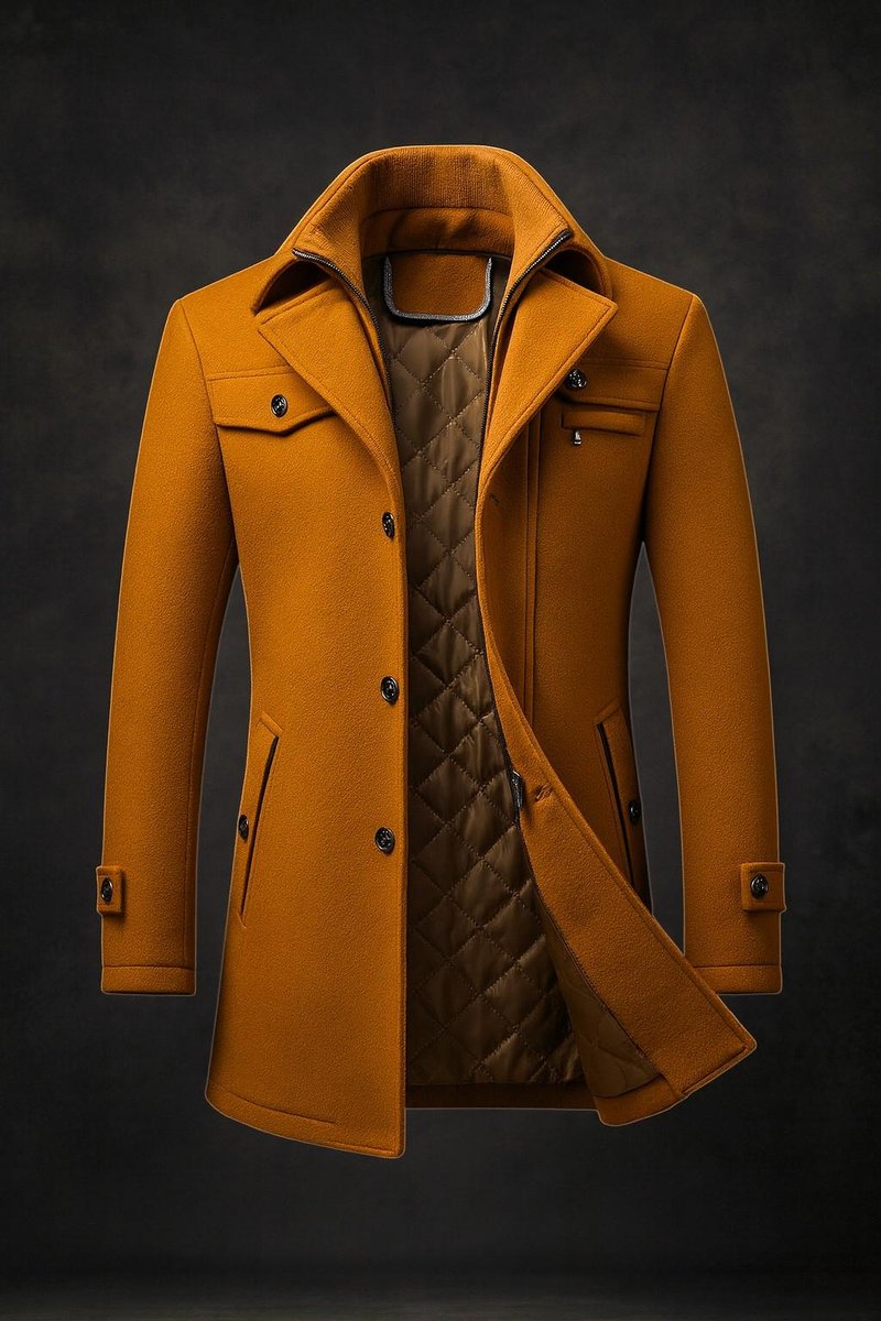 Men's Wool Coat with Quilted Satin Lining and Chest Flap Pocket - Brown