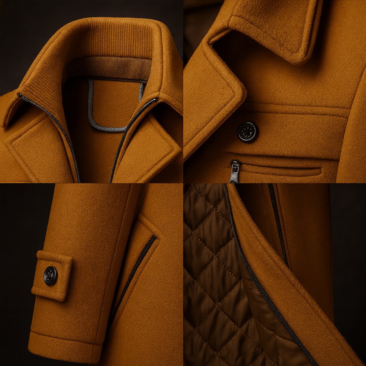 Men's Wool Coat with Quilted Satin Lining and Chest Flap Pocket